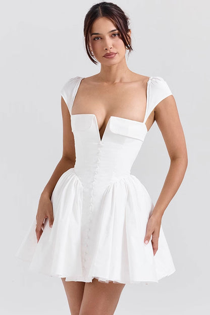 Vintage Folded V Neck Cap Sleeve Drop Waist Tulle Flared Party Mini Dress