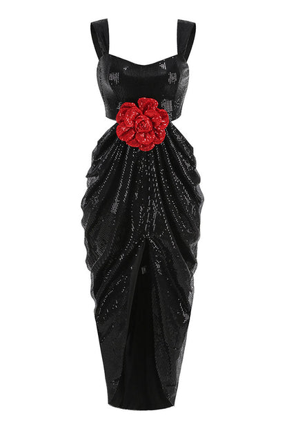 Vintage Rosette Cutout Side Draped Sleeveless Sequin Formal Maxi Dress