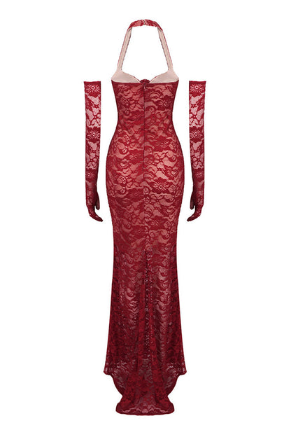 Vintage Rosette Halter Opera Glove Floral Lace Fishtail Evening Maxi Dress