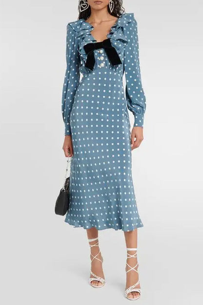 Vintage Ruffle Bow Trim Bishop Sleeve Chiffon Polka Dot Printed Midi Dress