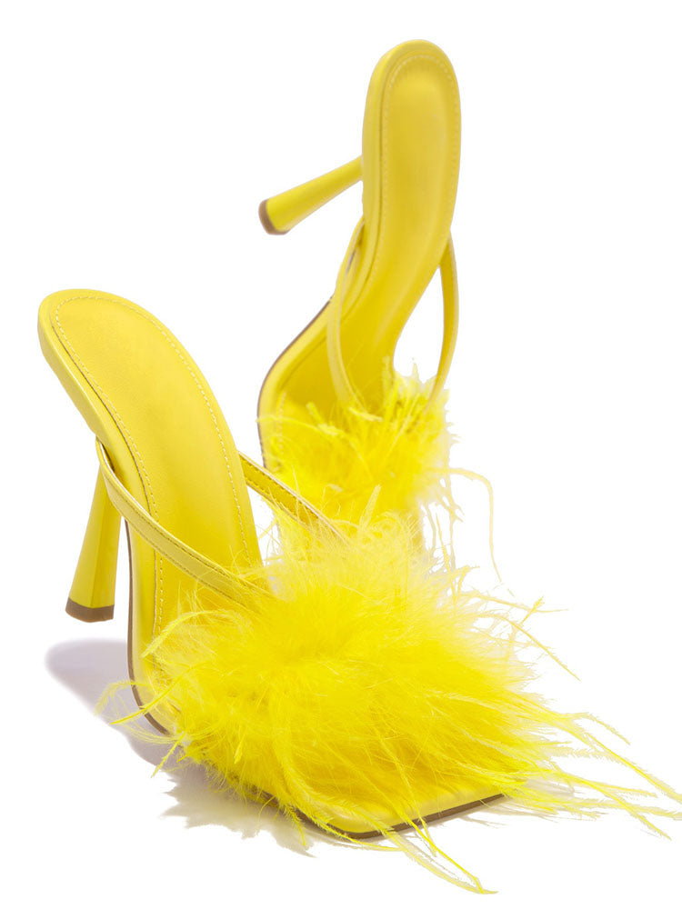 Feather Fur High Heel Mules