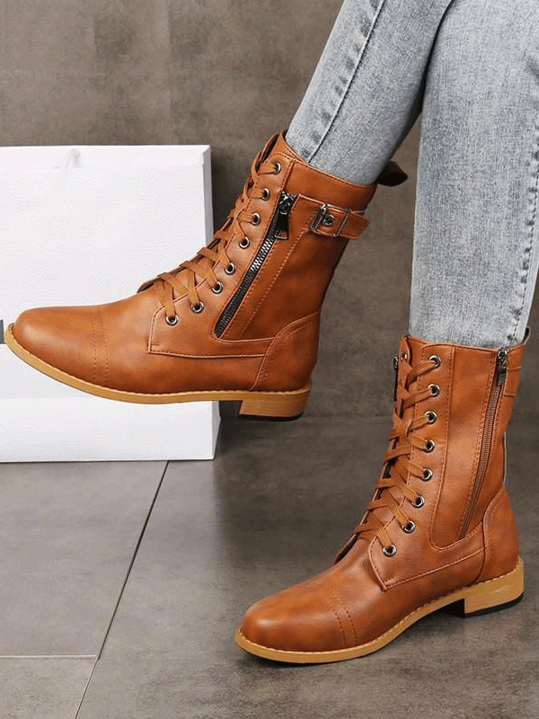 Leather Zipper Round Toe Boots